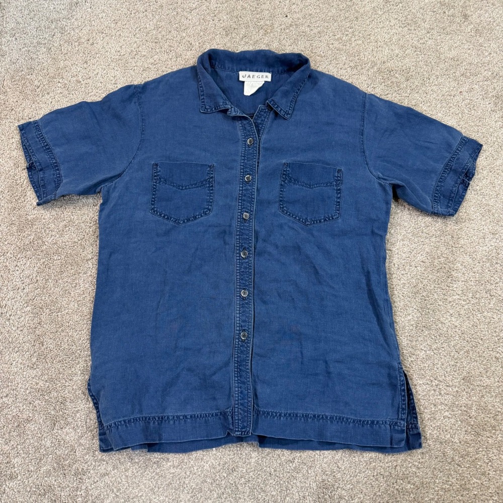 Jaeger Men Indigo Blue‎ 100% Linen Short Sleeve Button Down Shirt Dual Pocket M